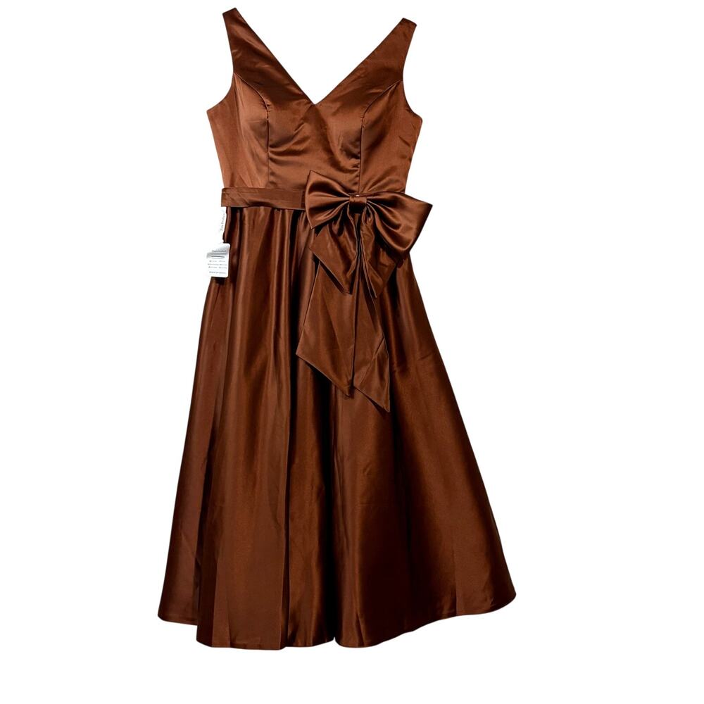 Miss Veil Satin Tea Length Dress Bow Detail Double V Neck Formal Brown Small NWT